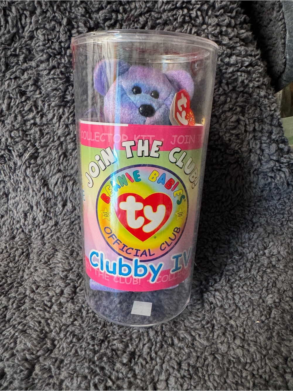 Ty Clubby IV Purple and Blue Beanie Baby Bear in Display Tube